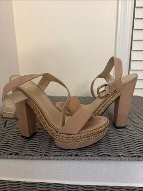 Stuart Weitzman Beige Suede Platform Block Heel Sandals